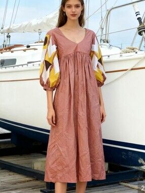 V.DE. VINSTER Puff-Embroidered-Sleeve Tiered Midi Dress Size S